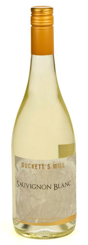 A bottle of Sauvignon Blanc wine with a white label and the text &#39;Duckett&#39;s Mill Wines&#39;.